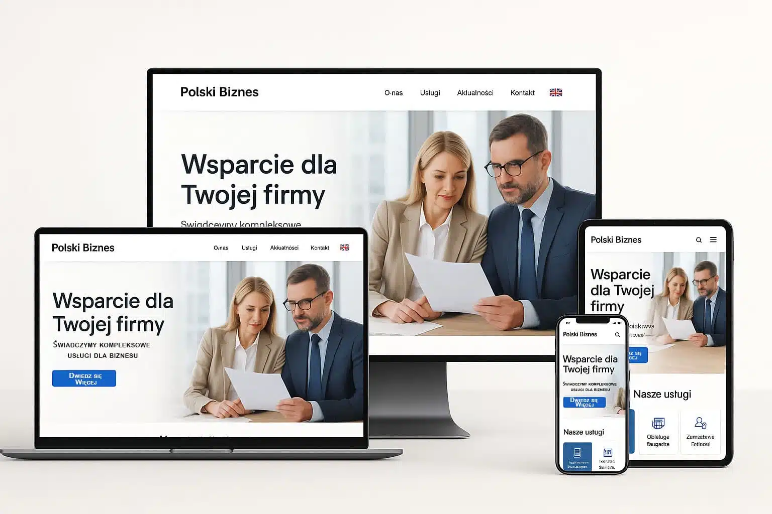 Nowoczesna strona internetowa dla polskiej firmy w UK wyświetlona na laptopie, tablecie i smartfonie