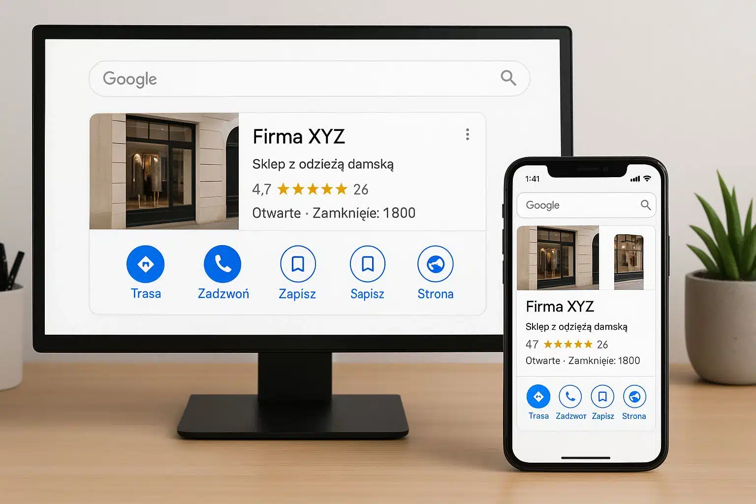 Wizytówka Google Moja Firma na ekranie komputera i telefonu