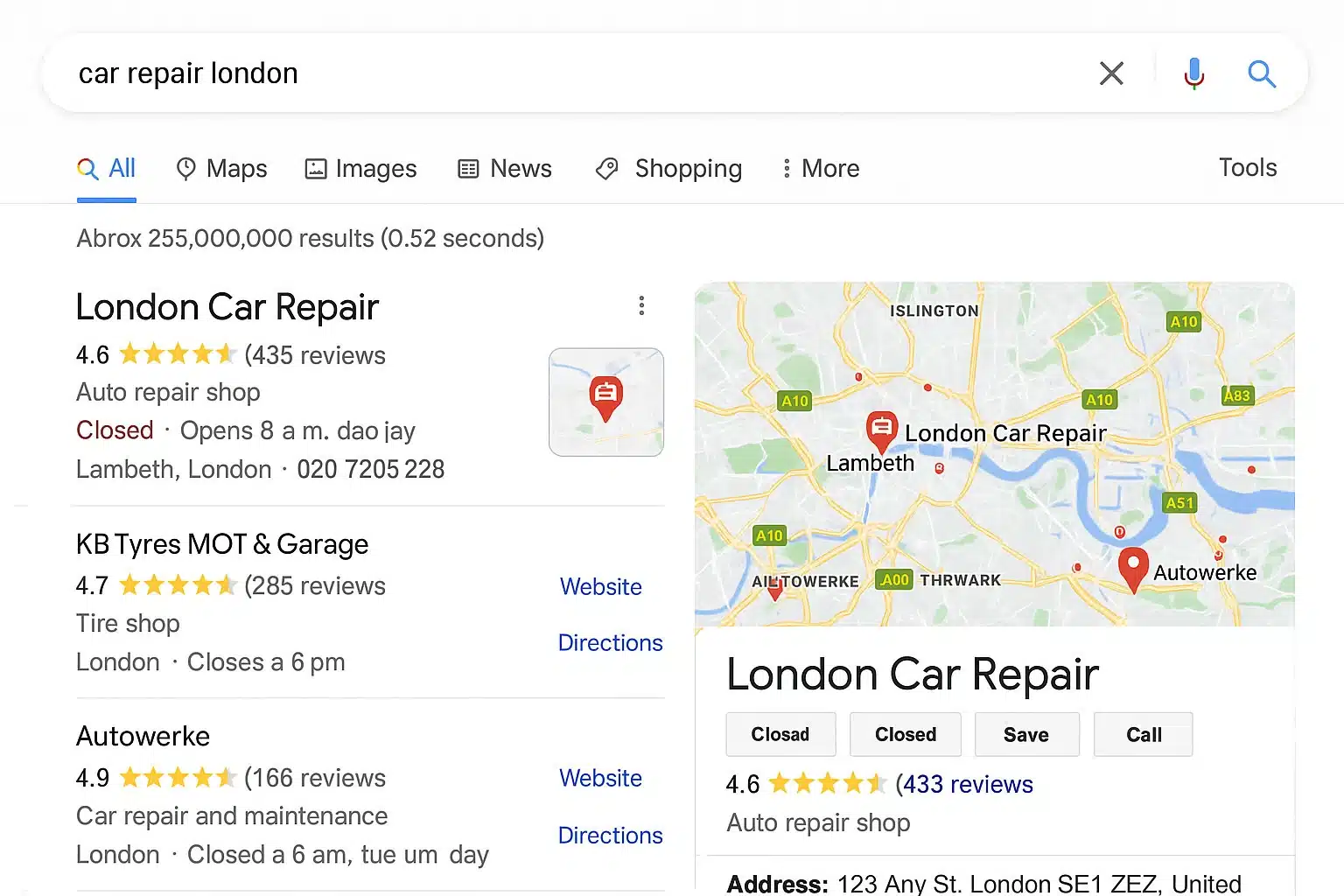 Przykład wizytówki Google Moja Firma w wynikach wyszukiwania
